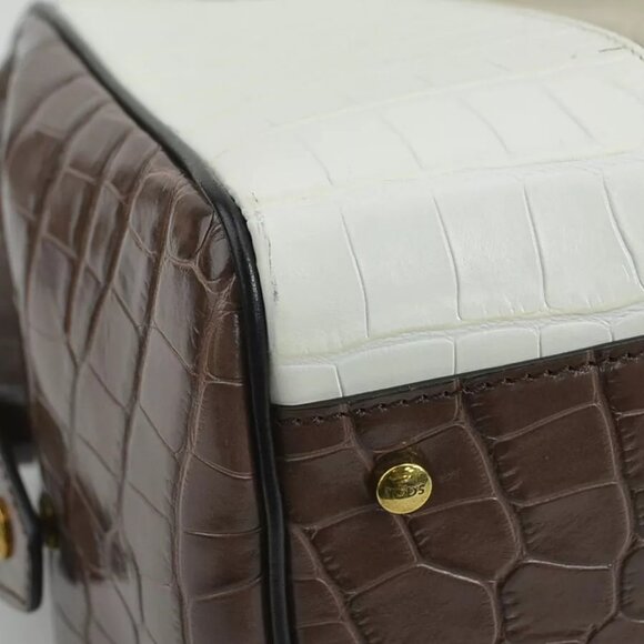Auth TOD’S Handbag Shoulder Bag Brown/White Embossed Leather/Canvas - Picture 9 of 13